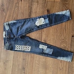 Free People Indigo Straight Leg Jeans with White Lace Patches
